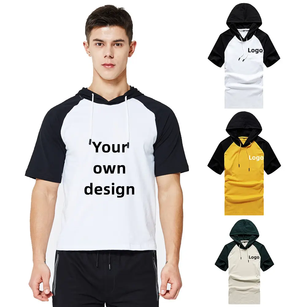 Benutzer definierte Logo Herren Hooded Stitching Farbe T-Shirts drucken Wärme übertragung Siebdruck Custom ized Hooded Kurzarm Shirt