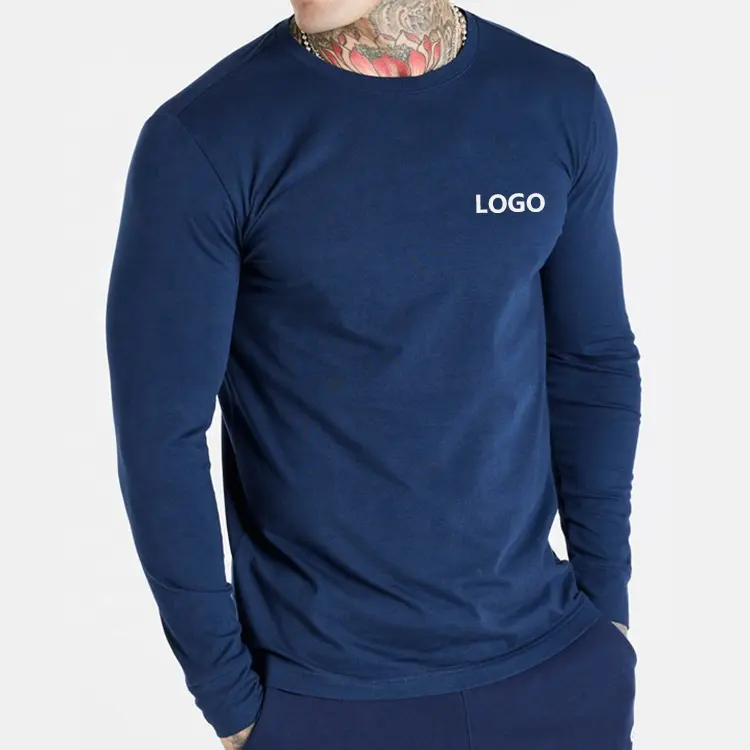 Wholesale Premium Cotton Long Sleeve Gym T-Shirt Custom Embroidery Logo Long Sleeve Crew Neck Sports Slim Fit T Shirt For Men