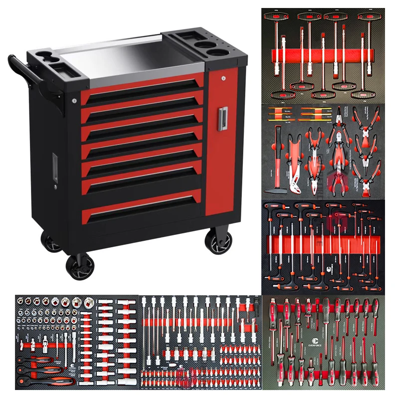 Heavy-Duty Stainless Steel Auto Repair Rolling Box 7-Drawer Metal Tool Chest Workshop Toolbox Trolley Cabinet Cart with tools