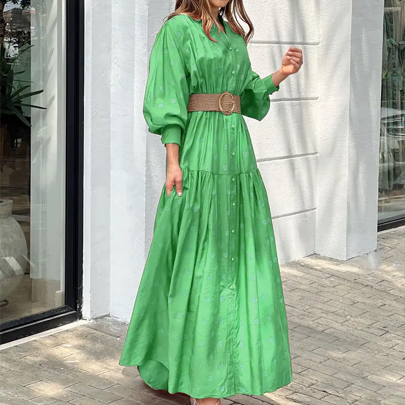 Vestido de manga larga con farol y cuello en V para mujer, vestido verde Vintage, informal, elegante