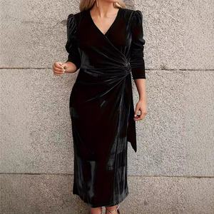 Vestido Largo de Terciopelo Personalizado de Alta Calidad, Elegante, Sexy y Casual, con Falda Midi de Color Sólido para Otoño e Invierno - Product Image 1