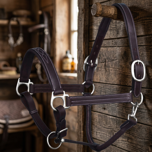 Genuine <b>Harness</b> Leather English Saddle Horse Halter Customizable Padded Noseband Headpiece Western Stitched Finish Nickel Brass - Product Image 2