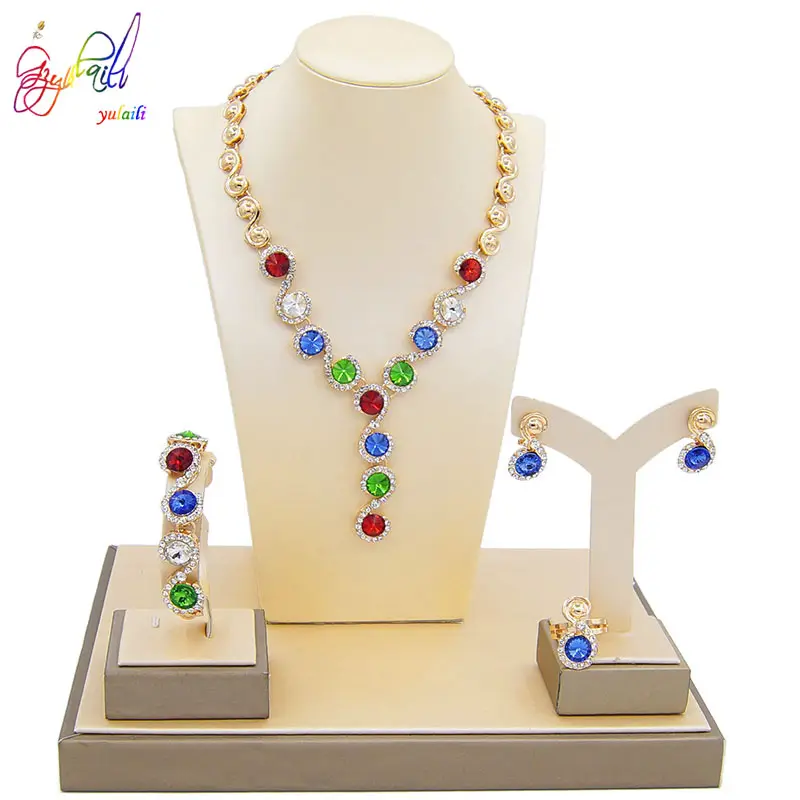 Conjunto de joias, conjunto de joias banhados a ouro colar multicores brincos pulseira conjunto de anel jóias para festa/aniversário