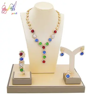 Wholesale Jewelry Sets Gold Plated Multi-Color Necklace Earrings Bangle Ring Set Ring Jewellery Set For Party/ Anniversary