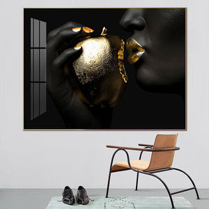 <span class=keywords><strong>Femme</strong></span> noire africaine aux lèvres dorées et aux peintures de pommes dorées, portrait d'art mural imprimé sur toile pour la décoration de la maison - Product Image 5