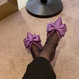 Hot Selling Tacones De Zapato Low Shoes Female Bow Trending Purple Heels For Women Ladies