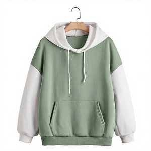 Green White Color Block Lined Hooded Fleece Sweatshirt for Children Winter Casual Breathable & Eco-Friendly Long Sleeve Pullover - Product Image 1
