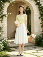 Ensemble deux pièces de haute qualité en coton jacquard avec dentelle et maille ajourée : Cardigan + Robe midi fluide coupe trapèze pour le quotidien et les soirées