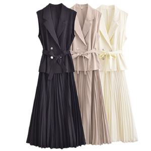 Femmes décontracté élégant Vintage mi-longueur gilet ceinturé sans manches Design avec petit plissé solide/imprimé européen américain - Product Image 1