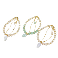 Gelang Mutiara Air Tawar Gaya Cina Baru 5-6mm Liontin Kuncup Bunga Giok Alami Rantai Ganda yang Dapat Disesuaikan Perhiasan