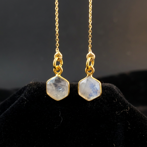 High Quality Gold Plated Sterling Silver Octagon <b>Rainbow</b> Moonstone Gemstone Bezel Set Threader Bohemian Earrings for Wedding - Product Image 3