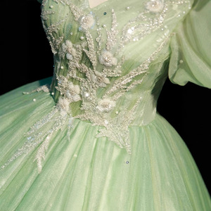 Green Ball Gown V Neck Empire Waist Floral Print Tutu Evening Dress For Coming Of Age Ceremony - Product Image 4