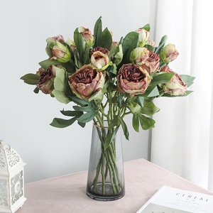 Pivoines artificielles en soie à deux têtes, effet toucher réel, bord brûlé, pour bouquet de mariée vintage - Product Image 3