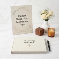 Livre d'or funéraire personnalisé en cuir avec reliure spirale, stylo et carte de table – Cadeau commémoratif