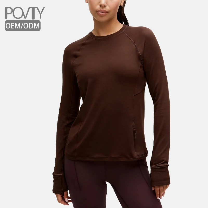 POVTY Custom Women's Classic-Fit Long-Sleeve Quick-dry Shirt for Yoga Fitness Running Round Neck Thumb Holes Side Zip Pockets