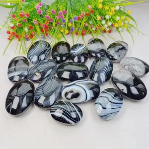 Alta Qualidade Mão Esculpida De Cristal Natural Black Lace Ágata Palm Stone Para Decoração De Casa