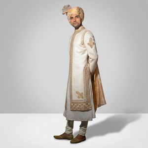 NEW--TRENDY DESIGN of GOLD ZARI EMBROIDERY on WHITE SHERWANI, KURTA WITH <b>PANT</b> Men's Suits & Blazer>Men's Suits Product name - Product Image 4