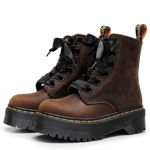 Bottines en cuir véritable marron à bout rond, à lacets, talon plat, avec nœud décoratif, antidérapantes, toutes saisons, vente en gros - Product Image 1