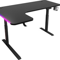 Bureau de jeu ergonomique en forme de L avec surface en fibre de carbone, éclairage intelligent électrique, hauteur réglable, RGB, porte-gobelet, support pour casque