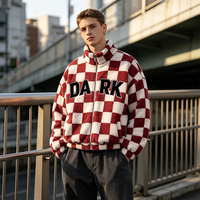Veste en polaire sherpa à carreaux personnalisée pour homme, col montant, patch à grandes lettres, coupe oversize, zippée, style streetwear, manteau d'hiver Teddy