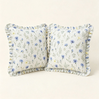 Housse de coussin en coton 100% à volants, imprimé botanique bleu bleuet, pour la décoration de chambre à coucher, vente en gros