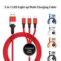 Cadeau d'entreprise haut de gamme, câble de charge multi-prise 5 en 1 avec éclairage LED, nylon tressé, USB C, Micro USB, logo personnalisé, entreprise