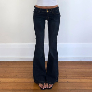 Pantalones Casuales Acampanados Elásticos Versátiles de Estilo Urbano Ins, Azul Oscuro, de Cintura Baja, Ajustados y Favorecedores, con Bolsillos, para Chicas Modernas - Product Image 2