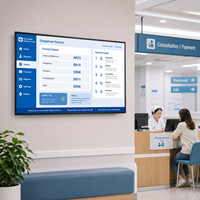 Écran d'affichage numérique LCD publicitaire mural de 65 pouces pour l'information sur les files d'attente en milieu hospitalier, avec quatre écrans égaux