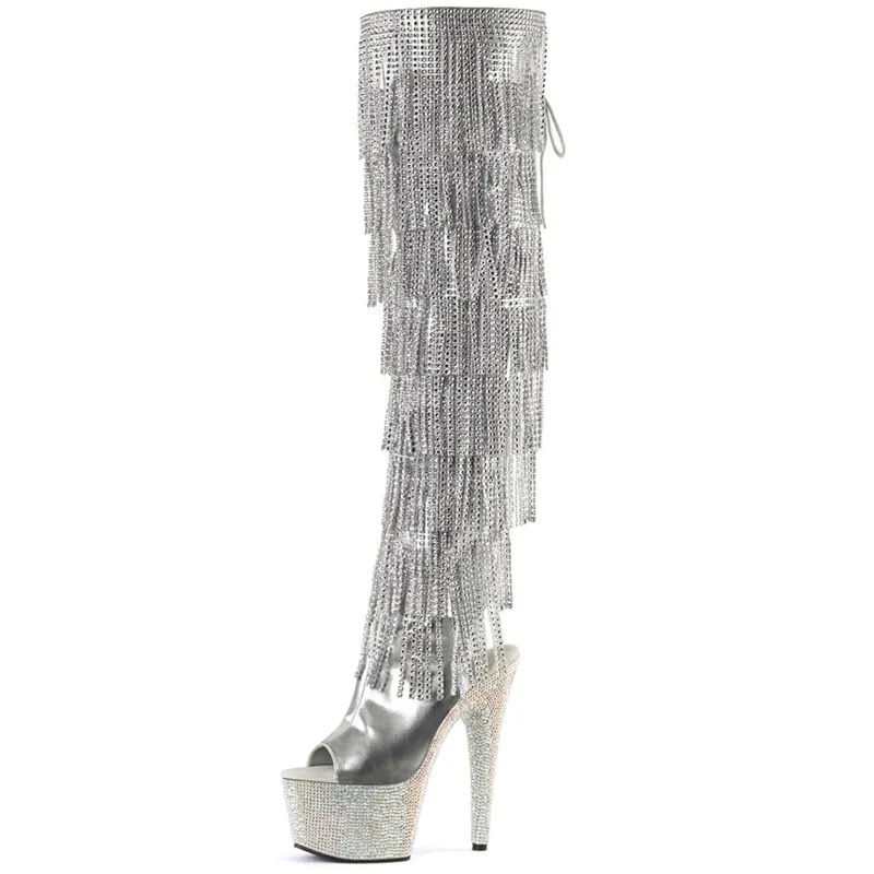 gothic over-the-knee boots 17cm Summer sandal shoes Crystal Diamond Rhinestones Tassels 7 inch Exotic Dance Fetish Silver Strip