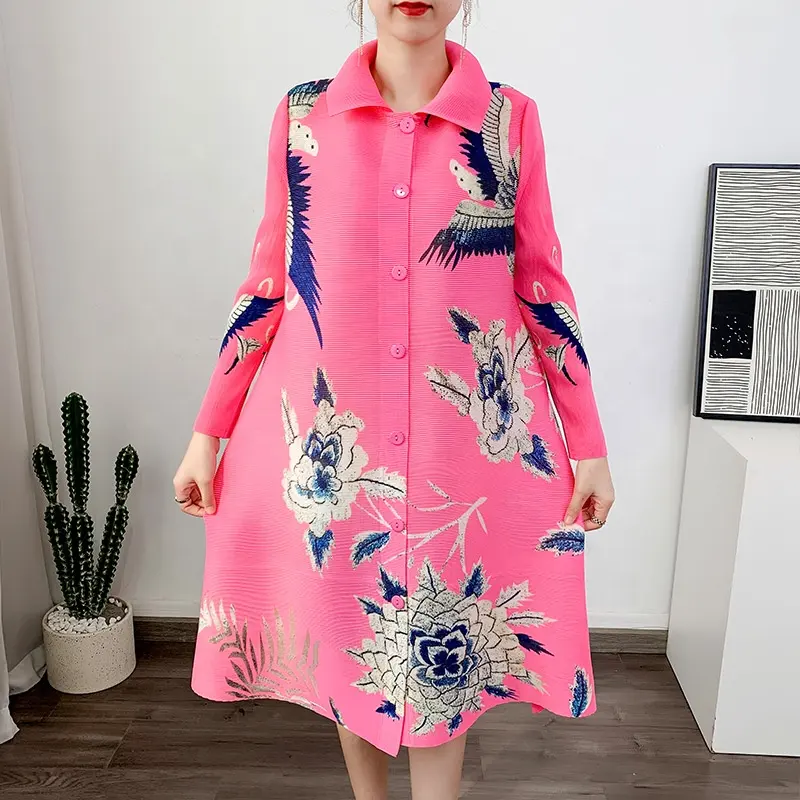 2023 Fashion pleated printed mid-length temperament cardigan pleated coat women's dress