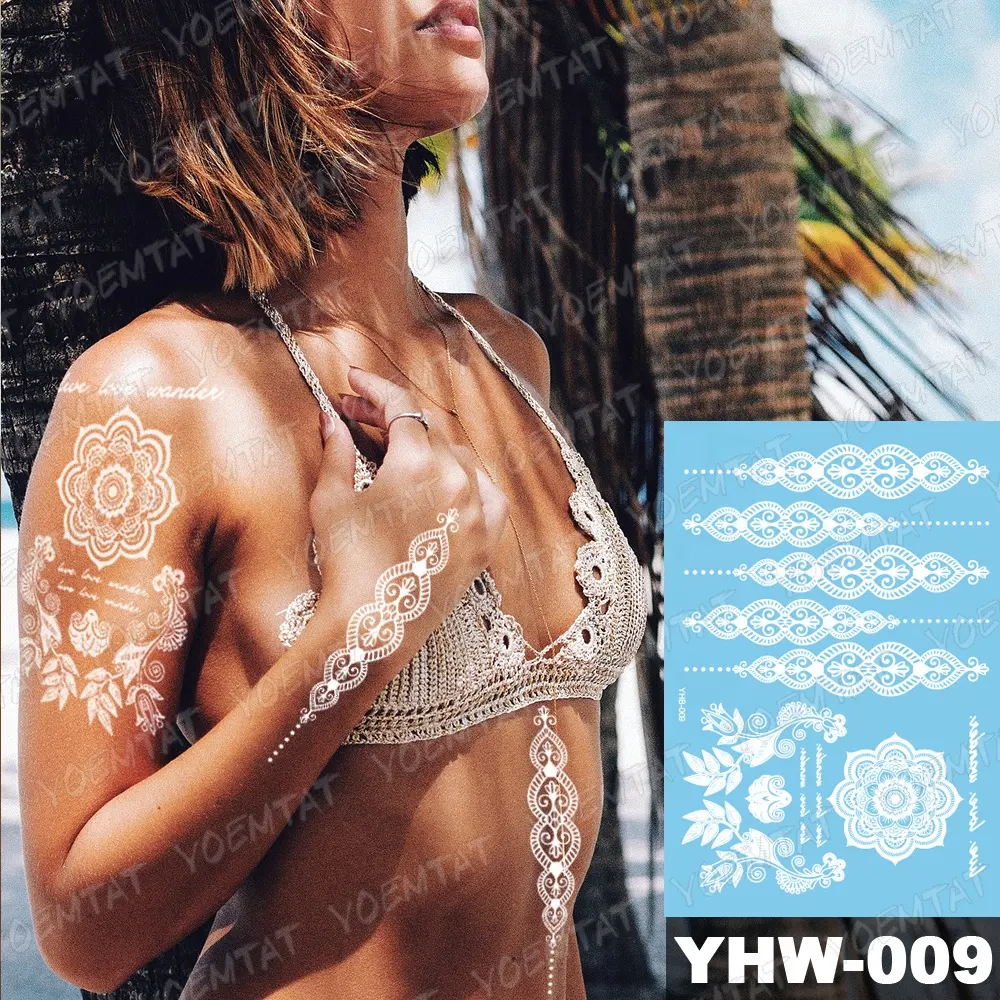 Wanita Bunga Tahan Air Sementara Tato India Putih Henna Tattoo Stiker