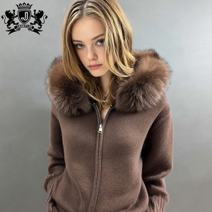 Cardigan en tricot doux JANEFUR, confortable, chaud pour l'hiver, décontracté, luxueux, surdimensionné, <span class=keywords><strong>pull</strong></span> pour <span class=keywords><strong>femme</strong></span> avec capuche en vraie fourrure de renard - Product Image 1
