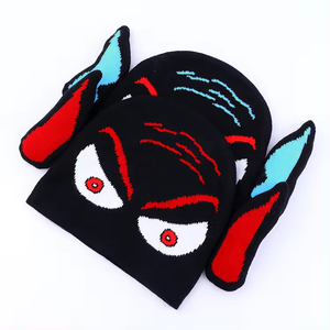 Oem 2024 Custom Nieuwe Monster Design <span class=keywords><strong>Skull</strong></span> Cap Jacquard Cuffleless Beanie Met Oor - Product Image 2