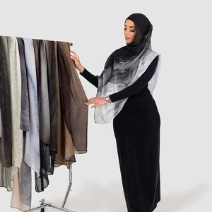 Pañuelo largo de satén de poliéster y algodón con estampado tie-dye en blanco y negro, hiyab modal con encaje, ¡gran oferta! - Product Image 2