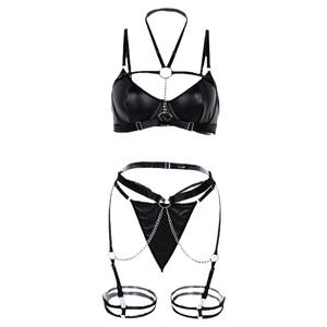 Set di Lingerie Sexy in Pelle Morbida PU con Catena per Collo e Vita, Costumi Sexy, Intimo Femminile Seducente - Product Image 6