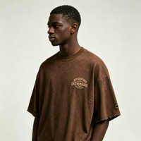 T-shirt personnalisé Kornit DTG marron délavé vintage pour homme, coupe oversize usée avec petit logo, service OEM sur mesure, directement de l'usine