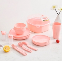 Ensemble de vaisselle de camping en plastique portable, kit de vaisselle de pique-nique d'extérieur avec boîte de rangement, assiette, bol, tasse, couverts réutilisables