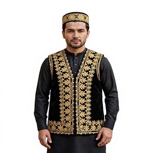 Gilet noir pour homme à col en V, style vintage, broderie ethnique effet miroir - Product Image 1