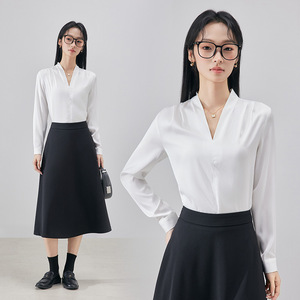 White Satin V-Neck Shirt Women Long Sleeve Office Elegant Blouse Solid Color Polyester Fabric - Product Image 1