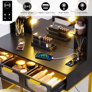 Manufacturer's <b>small</b> vanity charging station with mirror, 10 light bulbs, LED vanity <b>table</b>, 3 drawers/stools. - Product Image 3