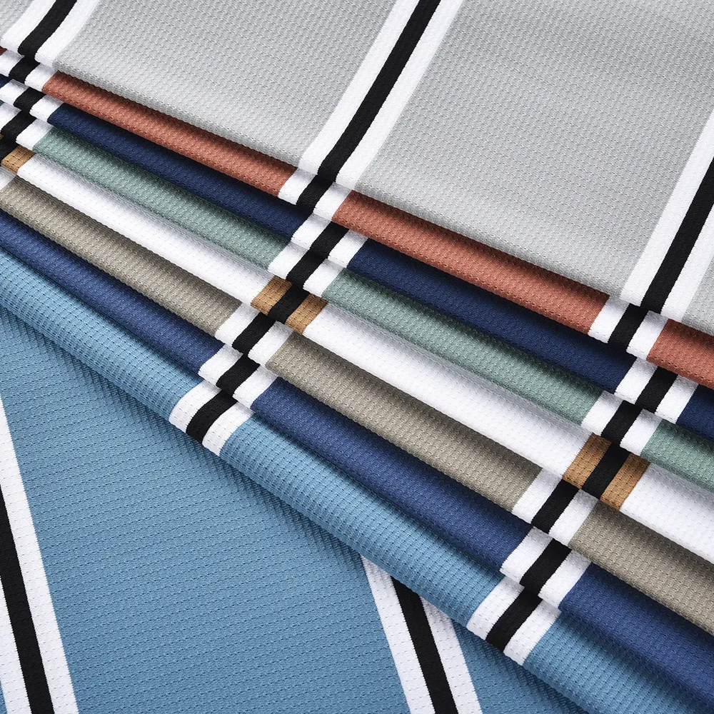 Cómodo tejido de punto de rayas teñidas con hilo para hombre, tela de Spandex 92% de nailon 8% para camisa Polo