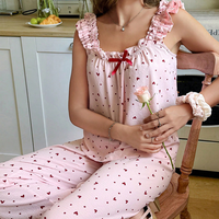 Ensemble de pyjama sans manches à volants pour femme, en coton modal, imprimé cœurs roses, vêtements de détente doux avec ourlet à volants