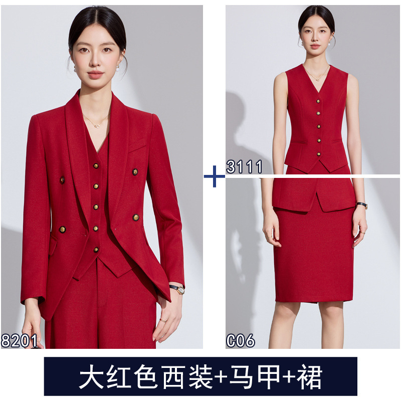 Bright red suit vest and short skirt
