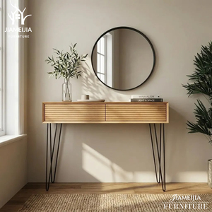 Escritorio de tocador moderno Japandi para maquillaje, 2 cajones, patas de horquilla de madera estriada, muebles de dormitorio, <span class=keywords><strong>precio</strong></span> de fábrica, proveedor - Product Image 1