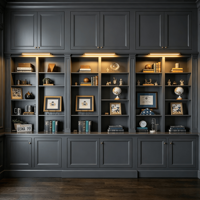 Meuble de rangement en contreplaqué moderne sur mesure avec dosseret, tiroirs coulissants et bande LED intégrée sous évier - Noir