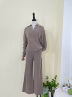 1. Ensemble Minimaliste Femme 100% Cachemire Tricoté : Haut Col Revers Col V et Pantalon Large en Maille – Tenue Décontractée 2 Pièces