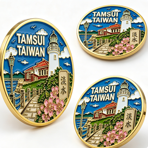 Tamsui Taiwan Souvenir Metal <b>Pin</b> Gold Plated Circular Hard Enamel Flower Theme Zinc Alloy Craft - Product Image 4