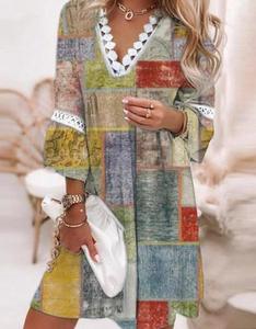 Robe d'été et de printemps pour femmes, col en V, dentelle imprimée, style sexy, vacances de loisirs - Product Image 6