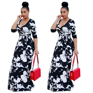 2020 New Fashion Black And White Floral Print Deep-v Sexy Lace Up Tie Ruffle Chiffon Half Sleeve Bodycon Maxi Dress