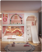 Lit superposé en bois massif pour chambre de filles, mobilier tendance et durable avec toboggan, escalier, armoire et double tiroir de rangement